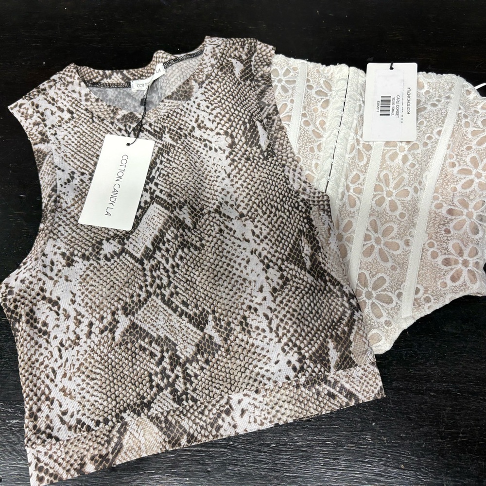 Cotton candy LA Brown Snake Print Top and White Lace corset